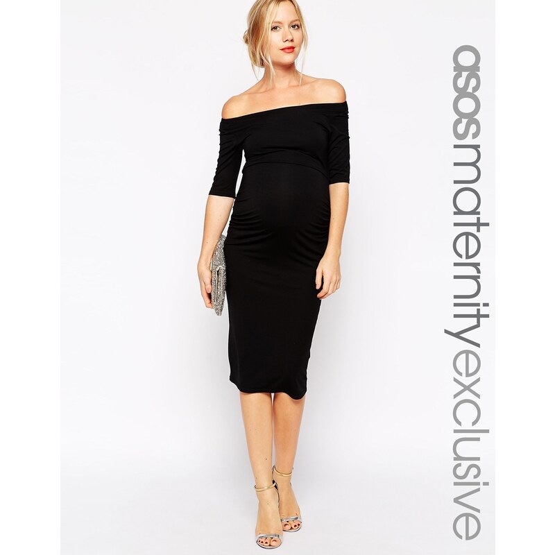 ASOS Maternity - Kleid mit Bardot-Ausschnitt und halbem Arm - Schwarz