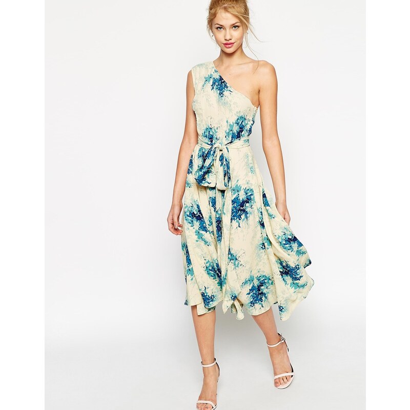 ASOS - Hochwertiges, mittellanges One-Shoulder-Kleid mit Porzellanblumenmotiv - Mehrfarbig