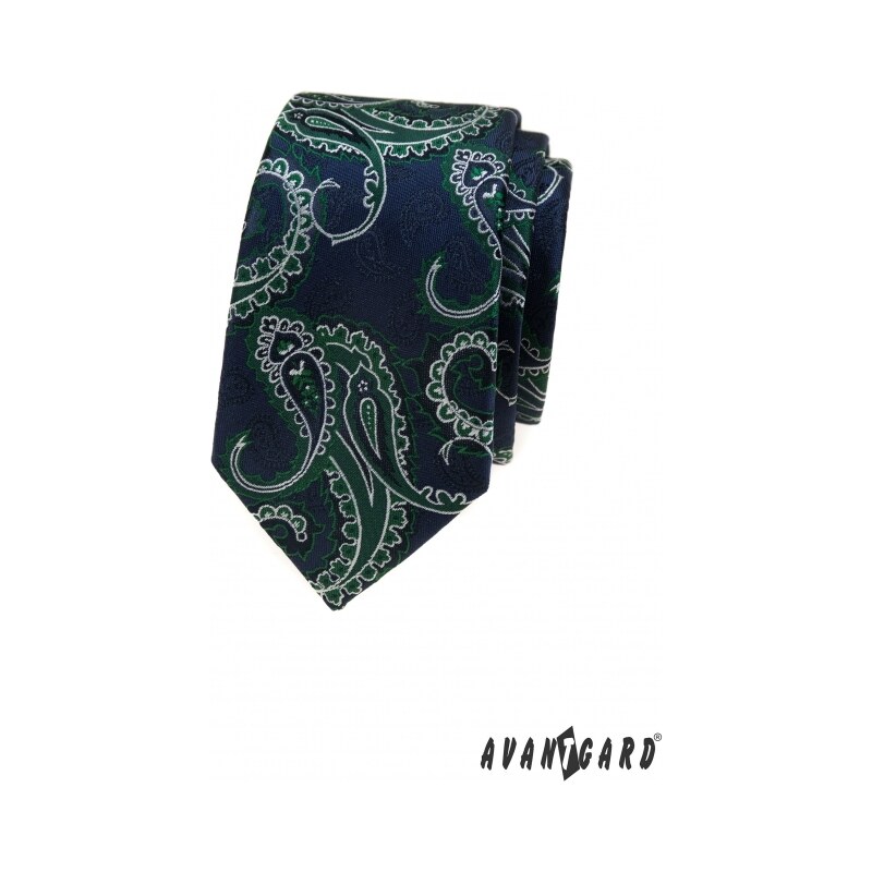Avantgard Blaue Slim-Krawatte, grünes Paisley-Muster
