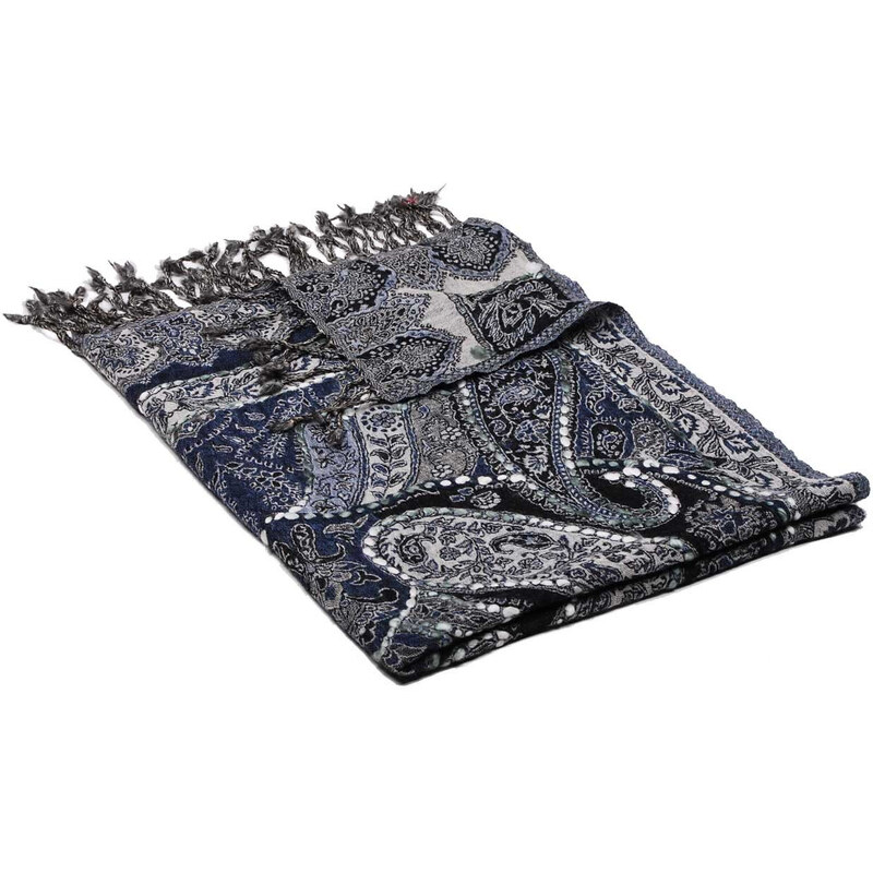 Pranita Schal aus Merinowolle handgestickt graublau-schwarz mit Cremefarbe