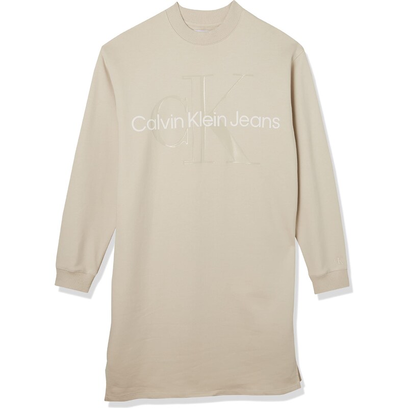 Calvin Klein Jeans Damen Glossy Monogram Crew Neck Dress J20J219075 Hoodie-Kleider, Beige (Eggshell), M