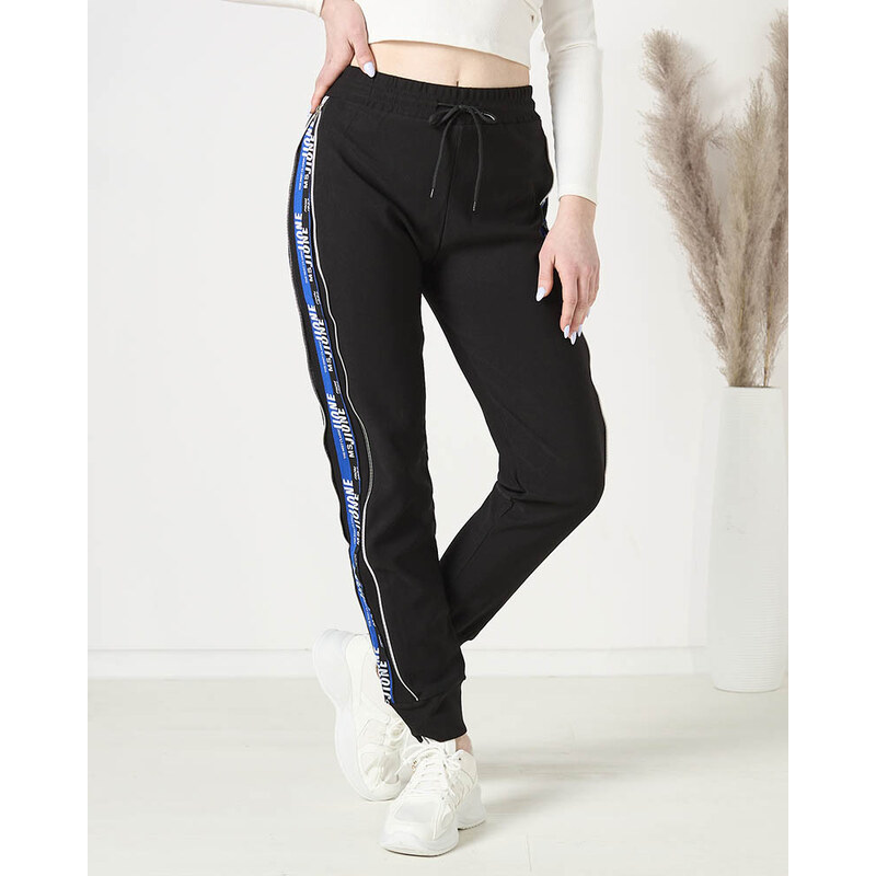 QUEENE Schwarze Damen-Sweatpants mit blauen Streifen- Bekleidung - blue || schwarz