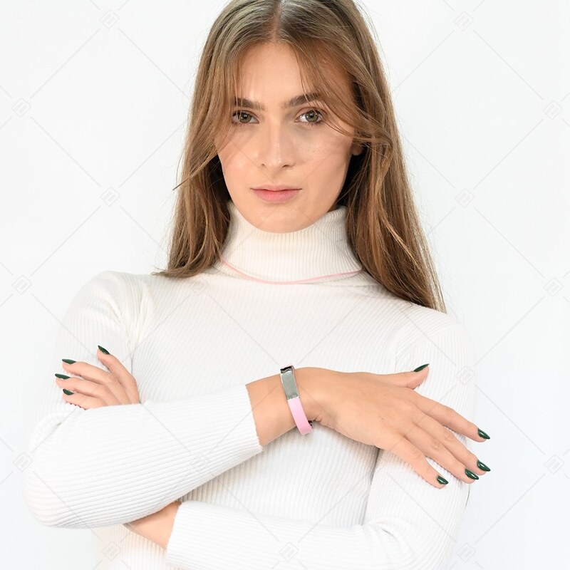BALCANO - Rosa Leder Armband mit gravierbarem rechteckigen Kopfstück aus Edelstahl