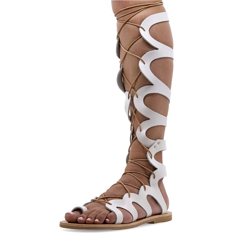 EMMANUELA handcrafted for you 40 Weiß Emmanuela Knieshohe Ledersandalen im antiken griechischen Stil, handgefertigte flache Gladiator sandalen mit offenen Zehen, hochwertige Sommerschuhe zum Binden für Frauen