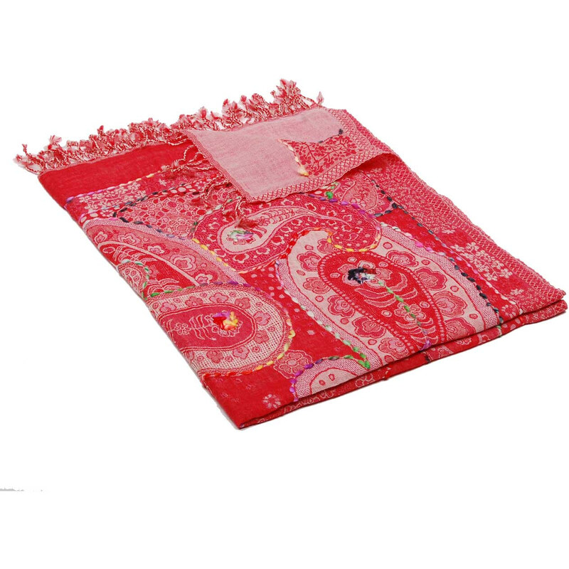 Pranita Schal aus Merinowolle handgestickt rot-rosa mit Cremefarbe