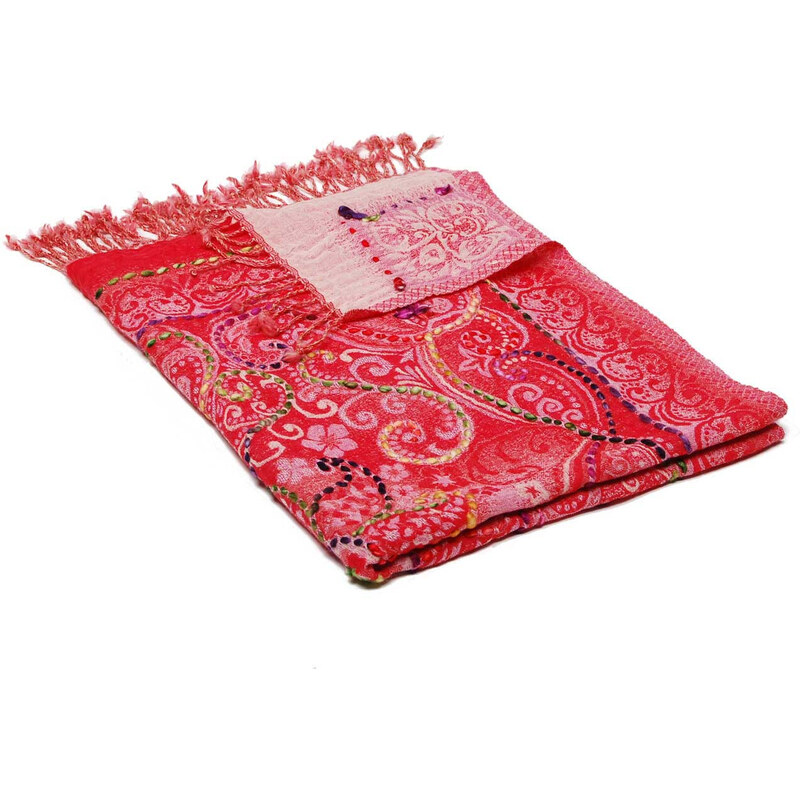 Pranita Schal aus Merinowolle handgestickt Metok rot-rosa