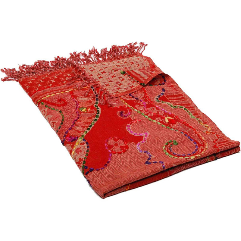 Pranita Schal aus Merinowolle handgestickt rot-beige