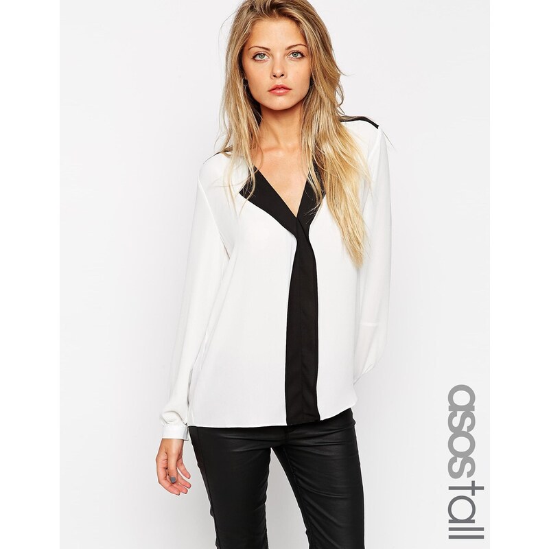 ASOS TALL - Langärmlige Bluse mit tiefem V-Ausschnitt und schwarz-weißem Farbblockdesign - Mehrfarbig