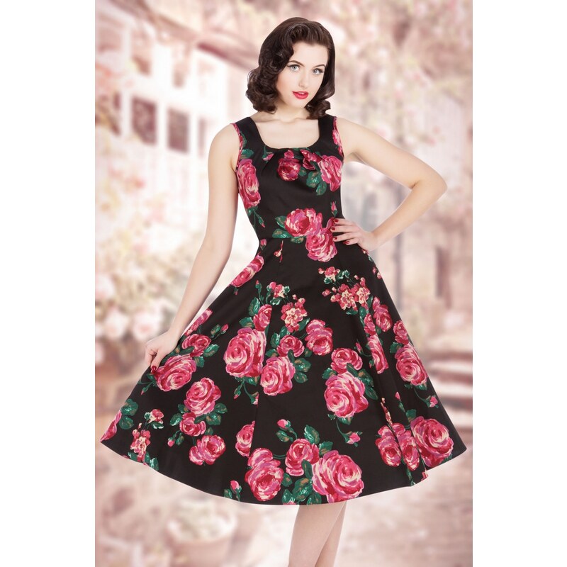 Lady V by Lady Vintage 50s Jasmine Pink Rose Dress in Black
