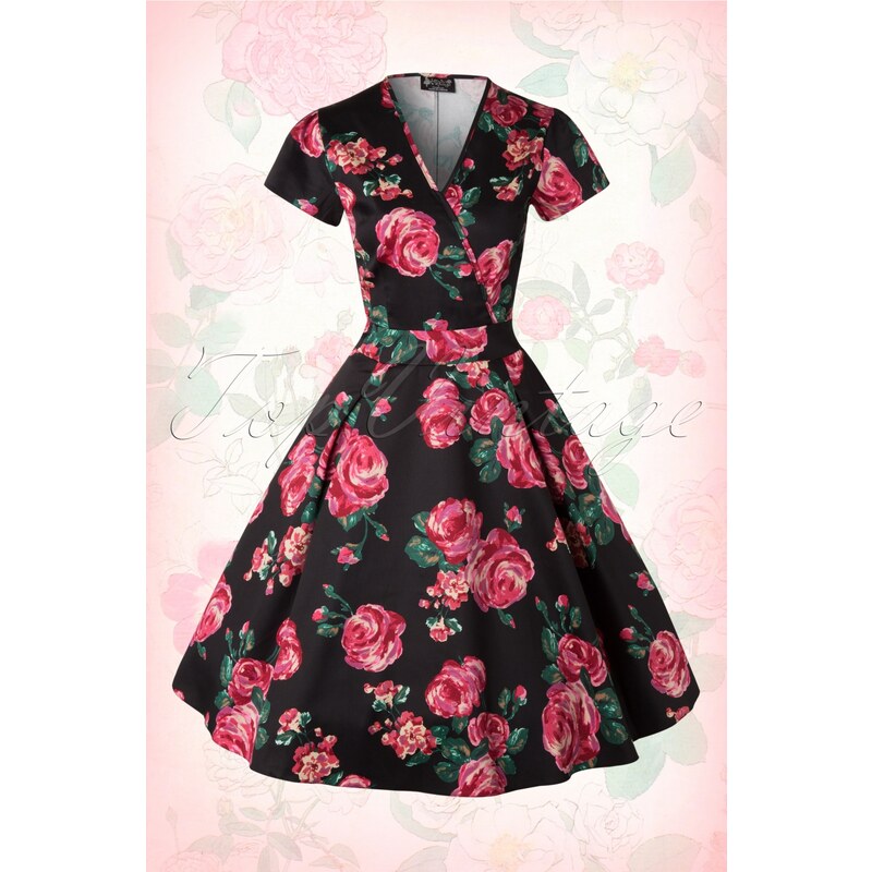Lady V by Lady Vintage 50s Estella Pink Rose Dress in Black
