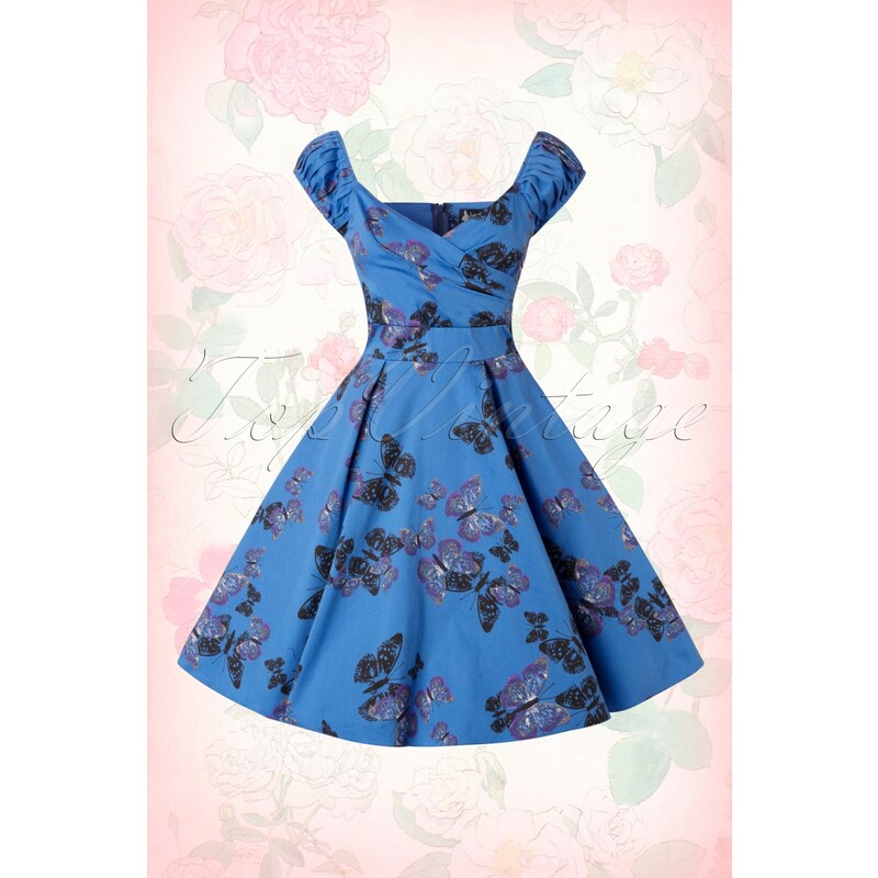 Lady V by Lady Vintage 50s Rosetta Butterfly Swing Dress in Blue