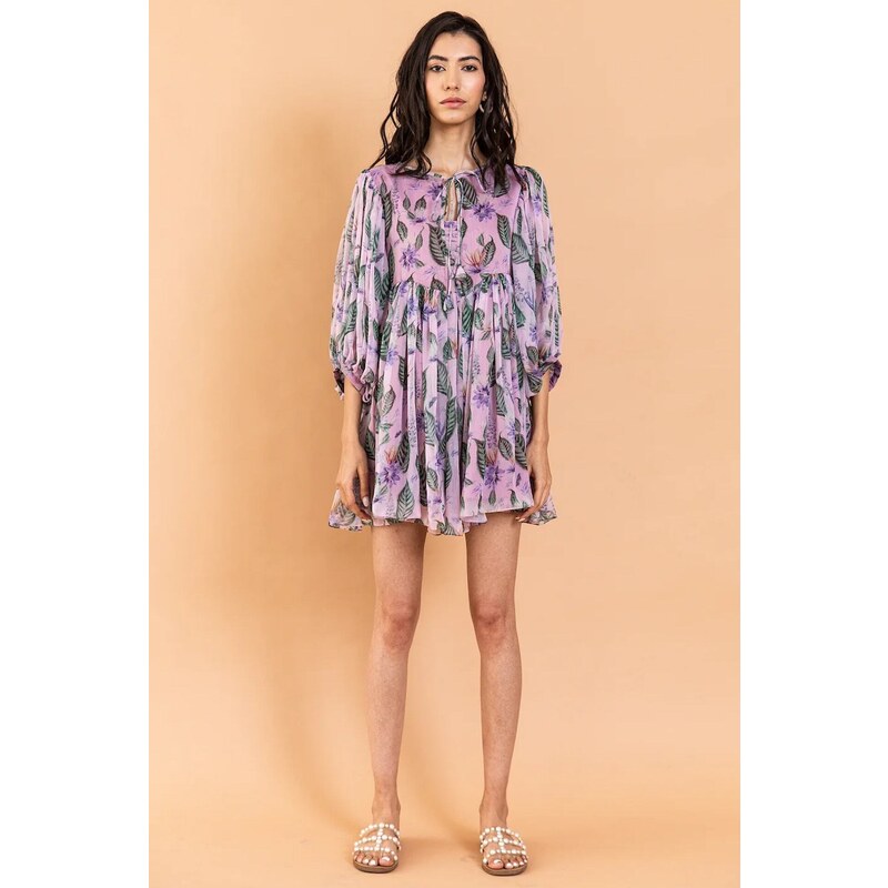 Aroop Sheer Floral Short Dress Long Sleeves - Lilac