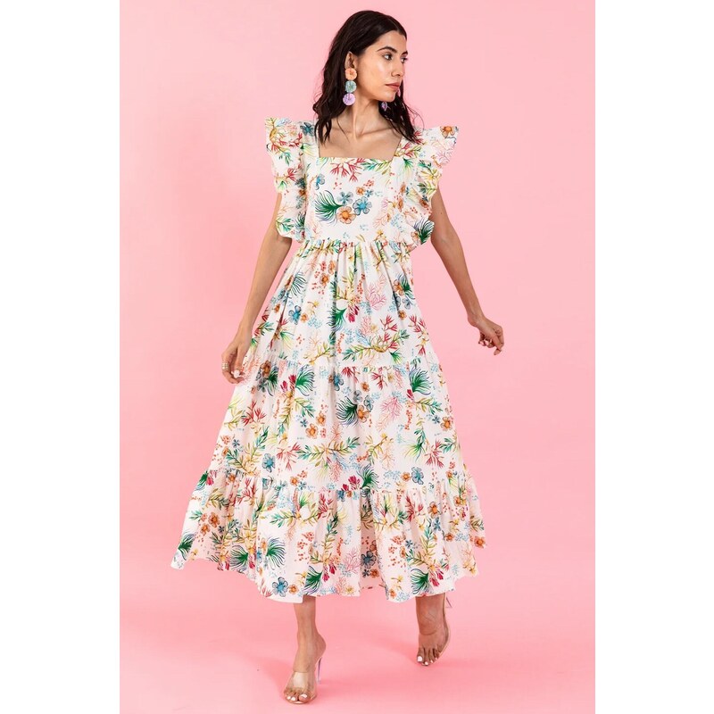 Aroop Floral Tiered Maxi Dress Ruffle Shoulders