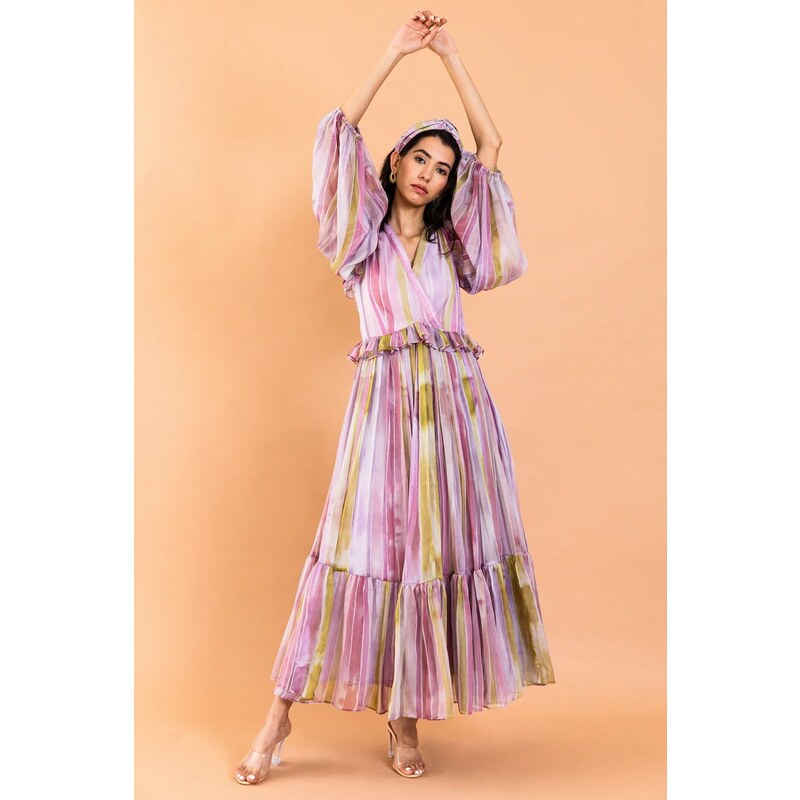 Aroop Chiffon Long Sleeve Maxi Dress Ruffle Details - Blush