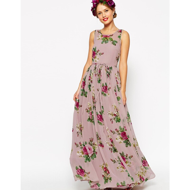 ASOS WEDDING - Ausgestelltes Maxikleid mit lila Blumenmuster - Mehrfarbig