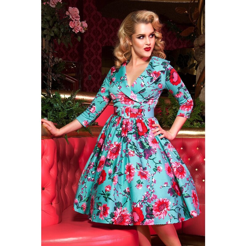 Pinup Couture 50s Birdie Floral Dress in Turquoise and Pink