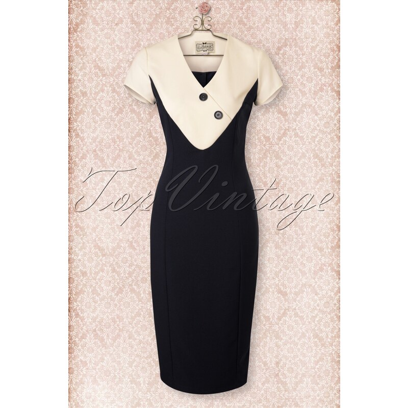 Collectif Clothing 40s Jenna Pencil Dress in Navy and Cream