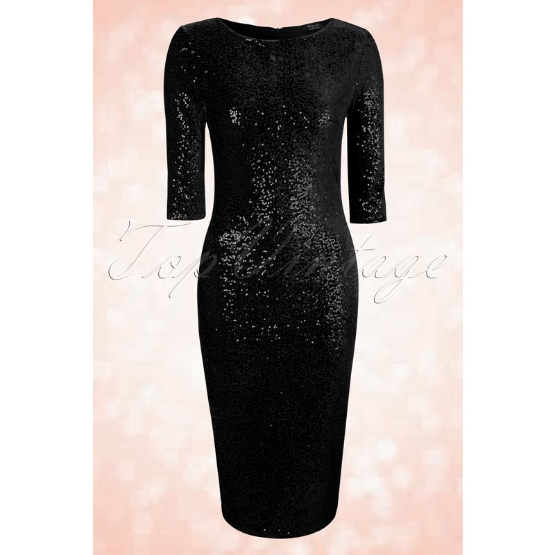 Vintage Chic 50s Twinkle Sequin Pencil Dress in Black