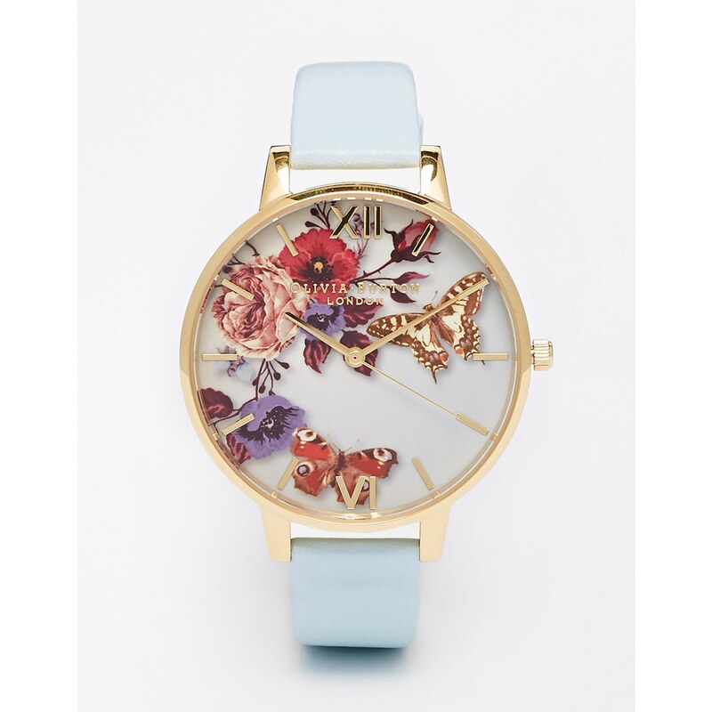 Olivia Burton - Enchanted Garden - Große Uhr mit Lederband und geblümtem Zifferblatt - Blau