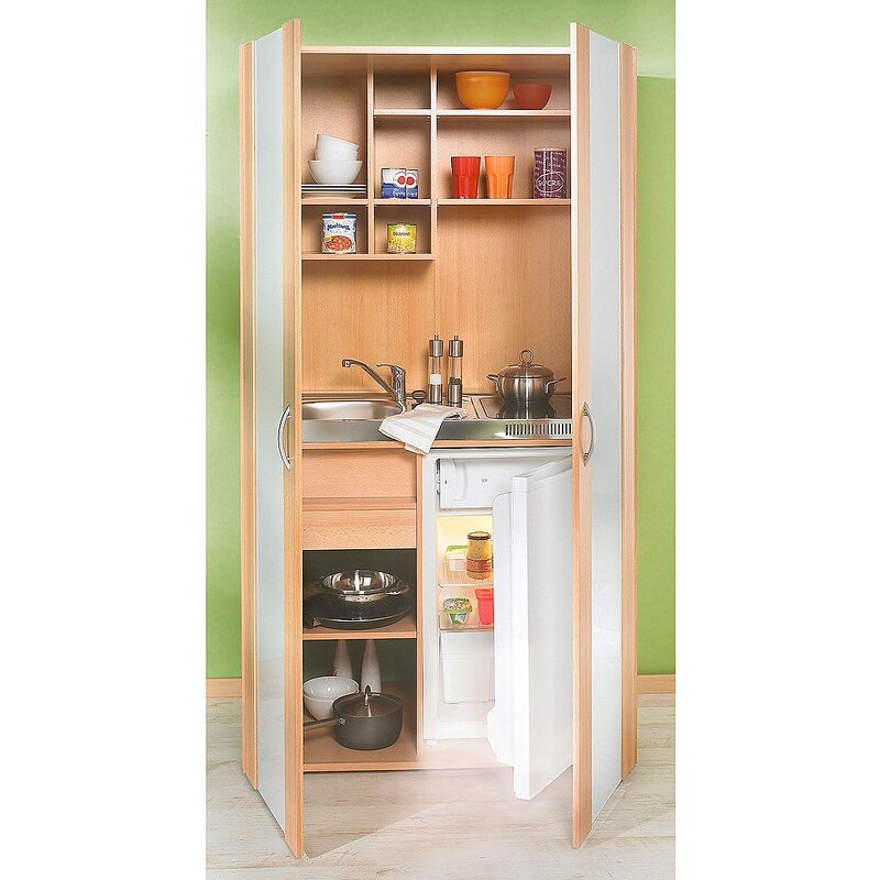 Schrankküche, mit Kühlschrank und Duo-Glaskeramikkochfeld