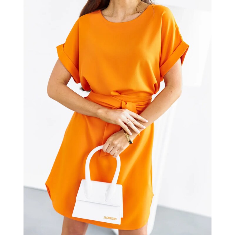 MOON Royalfashion Orangefarbenes Damenkleid mit Taillenband - orange