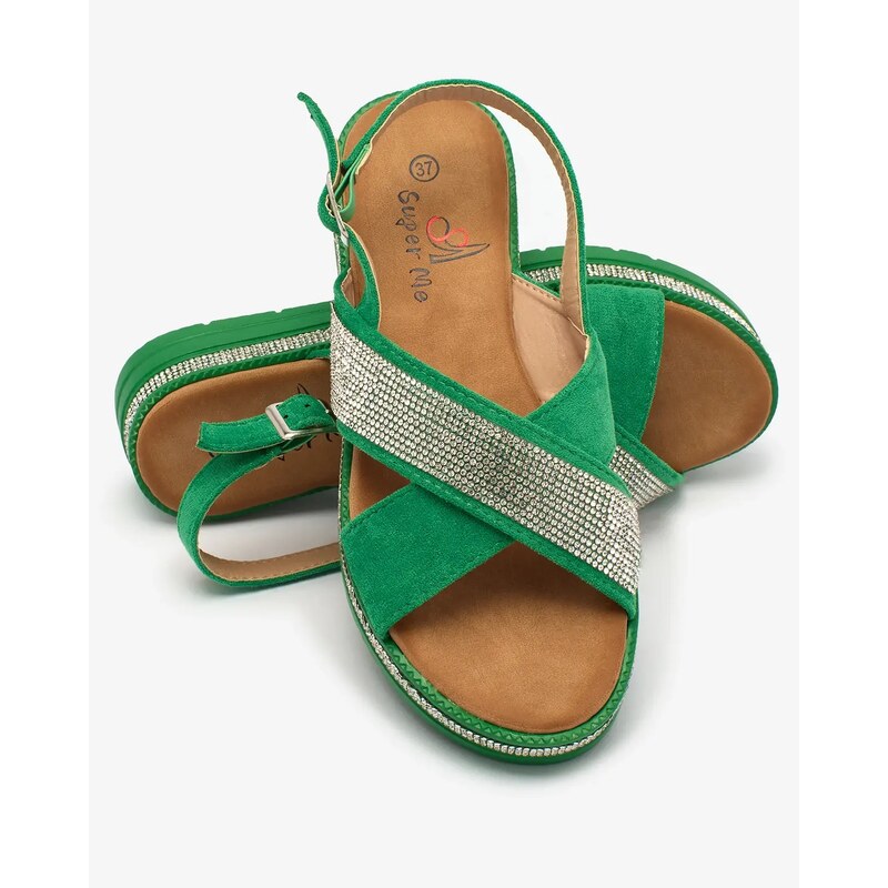 Super Me Royalfashion Grüne Damen-Sandalen aus Öko-Wildleder mit Zirkonen Trikys - Dunkelgrüne || ziel