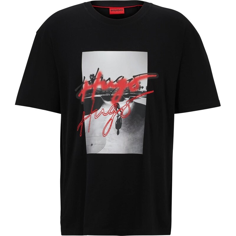 HUGO Herren Dateboard Oversized T-Shirt aus Bio-Baumwolle mit Logo-Grafik Schwarz XS