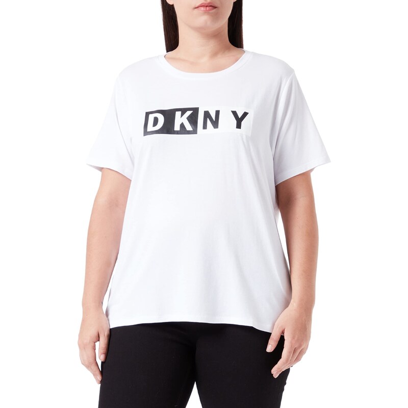 DKNY Damen Split Logo Tee T Shirt, Weiß, L EU