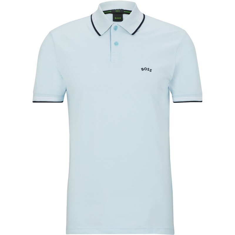 BOSS Herren Paul Curved Slim-Fit Poloshirt aus elastischem Baumwoll-Piqué mit geschwungenem Logo Hellblau XL