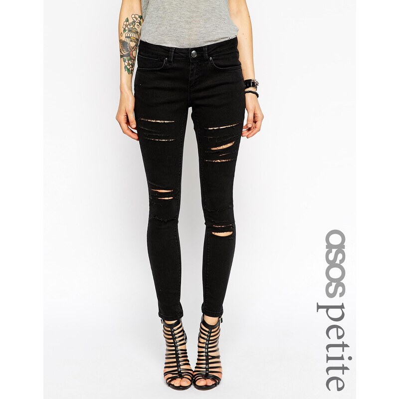 ASOS PETITE - Whitby - Skinny-Jeans in verwaschenem Schwarz mit niedrigem Bund, Zierrissen und Destroy-Design - Verwaschenes Schwarz