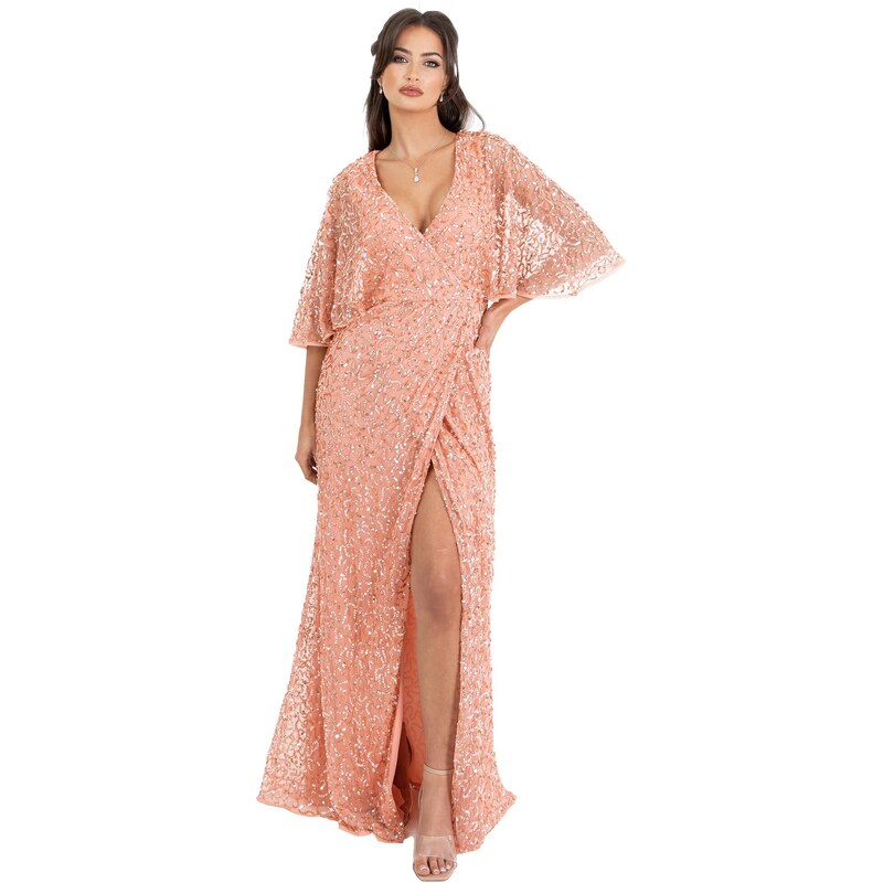 Maya Deluxe Damen Womens Maxi Ladies Sequin Embellished Wrap A-Line Dress for Wedding Guest Bridesmaid Evening Prom Ball Occasion Kleid, Apricot Blush, 36