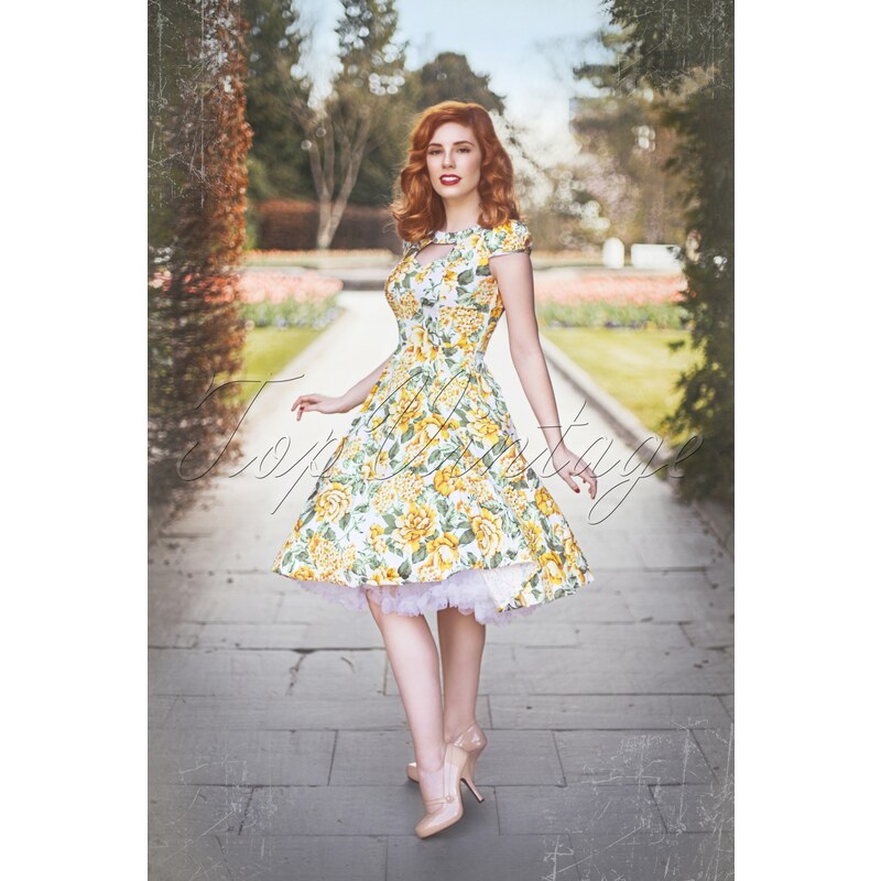 Hearts & Roses 50s Elsie Floral Swing Dress in White and Yellow
