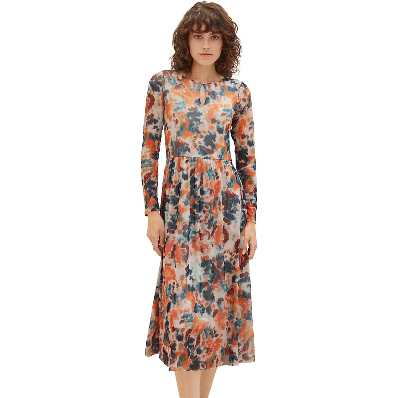 TOM TAILOR Damen 1037927 Mesh Kleid mit Muster, 32367-grey orange tie dye floral, 38