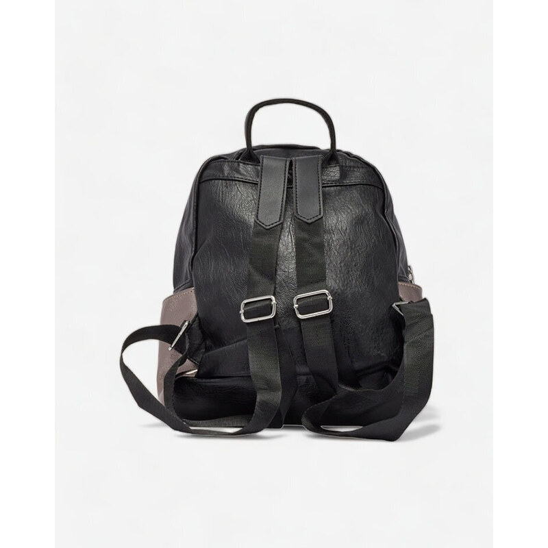 Yaziliren Royalfashion Schwarzer kleiner Damen-Öko-Leder-Rucksack mit graphitfarbener Tasche - silber || schwarz