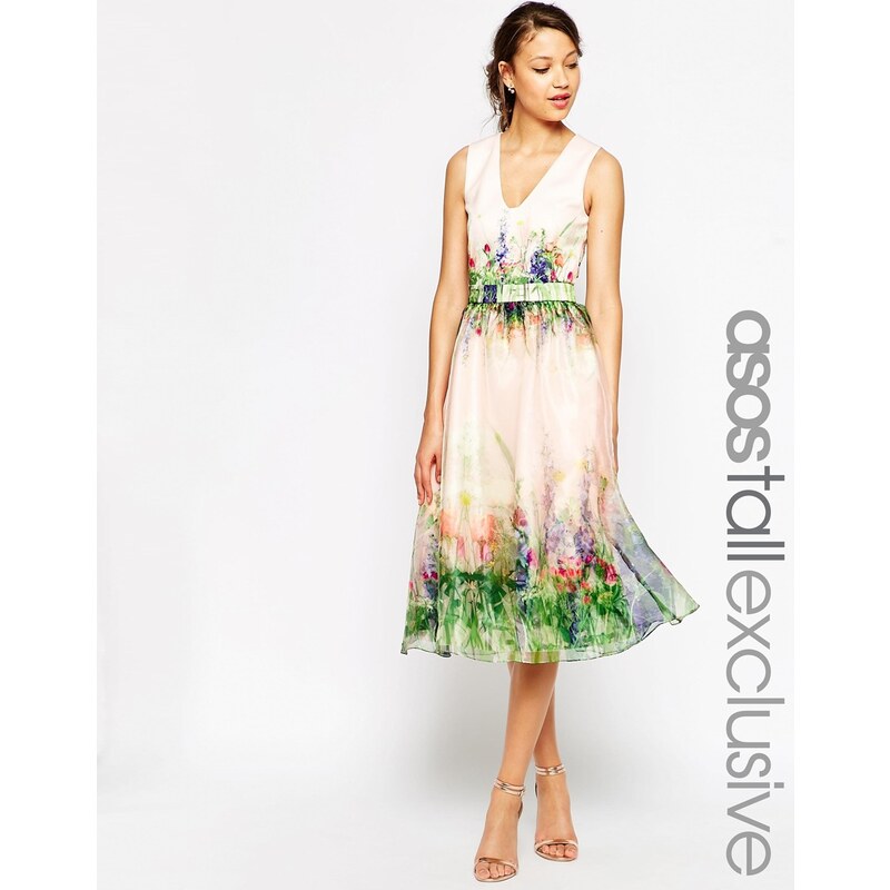 ASOS TALL - SALON Premium - Wunderschönes Organza-Ballkleid mit Zierausschnitt im Rücken und Blumenmuster - Mehrfarbig