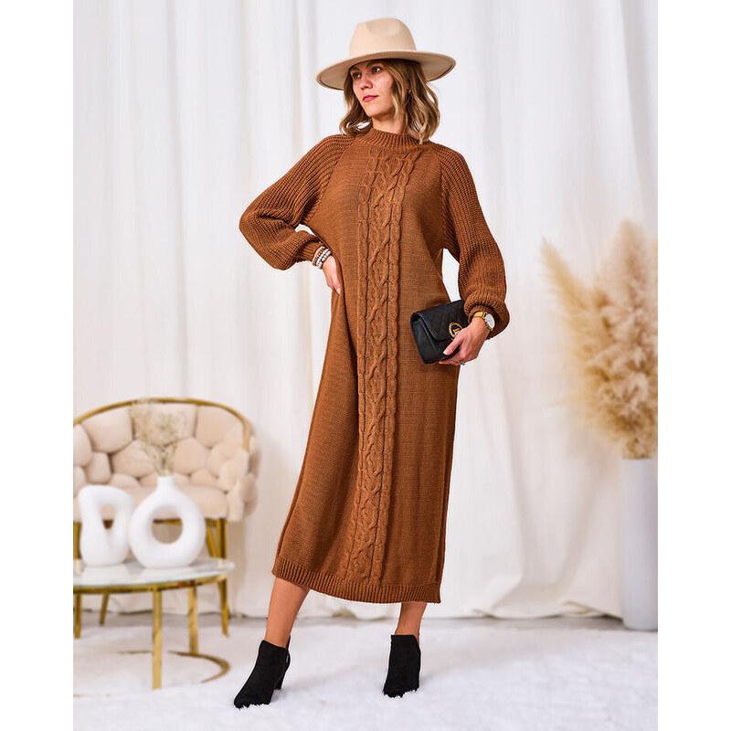 Italy Moda Royalfashion Türkisfarbenes langes Damen-Pulloverkleid - braun || camel