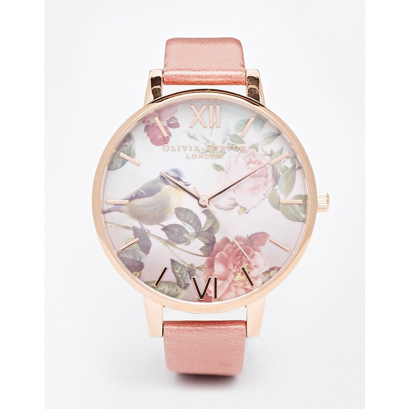 Olivia Burton - Wondland - Leder-Armbanduhr mit Blumen und übergroßem Ziffferblatt - Rosa