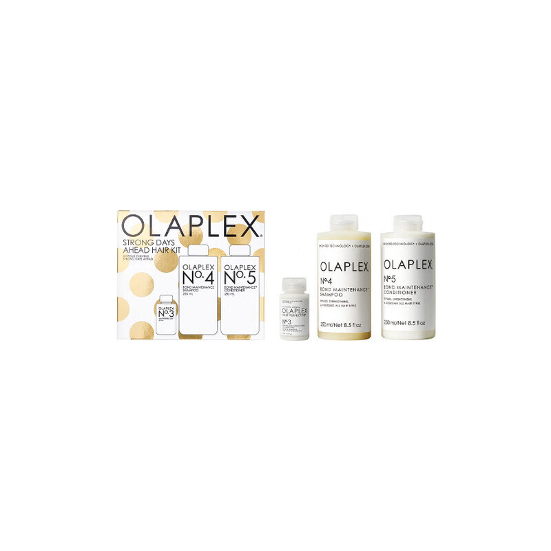 Olaplex Strong Days Ahead Hair Kit obnovující šampon pro všechny typy vlasů 250 ml + posilující kondicionér pro hydrataci a lesk 250 ml + ošetřující péče pro poškozené a křehké vlasy 50 ml kosmetická