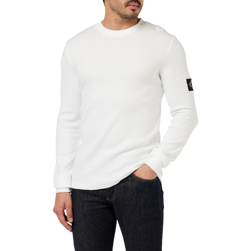Calvin Klein Jeans Herren Langarmshirt Badge Waffle LS Tee Basic, Weiß (Bright White), XXS