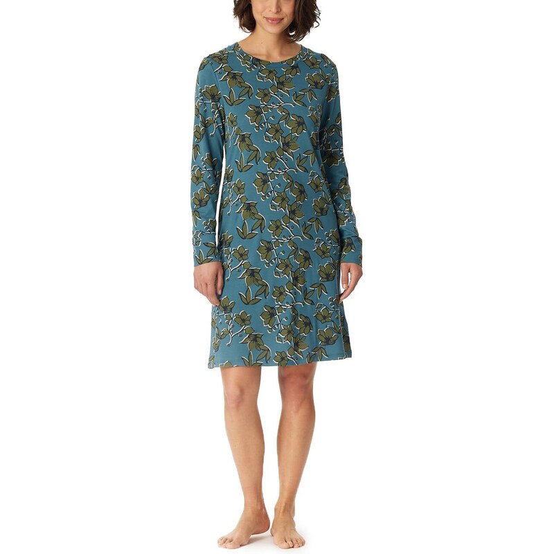 Schiesser Damen Langarm Baumwolle Modal Sleepshirt Bigshirt-Nightwear  Nachthemd, Petrol floral, 40