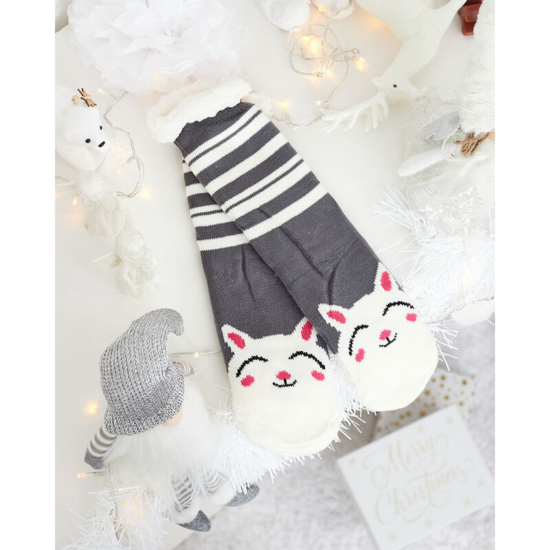 SO&LI Royalfashion Damen Wintersocken mit Weihnachtsmuster - weiß || pigeon gray