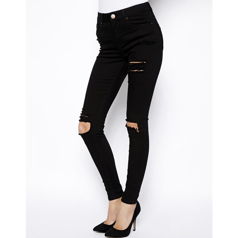 ASOS Ridley High Waist Ultra Skinny Jeans in Clean Black with Thigh Rip