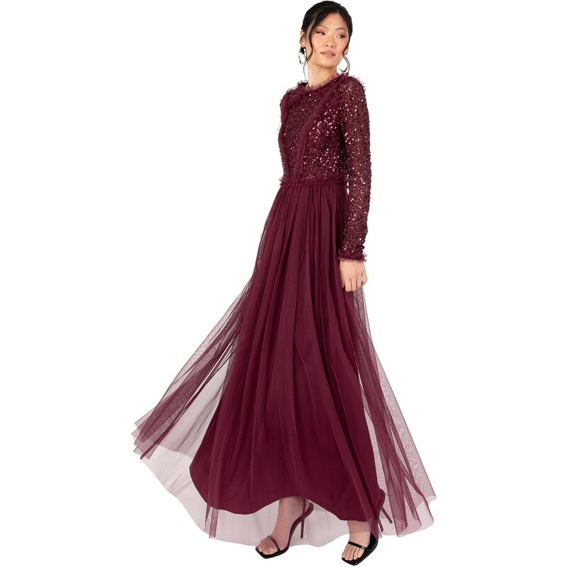Maya Deluxe Women's Maxi Dress Ladies Crew Neck Long Sleeve Sequin Embellished Tulle Ruffle for Wedding Guest Bridesmaid Ball Gown, Red Berry, 42