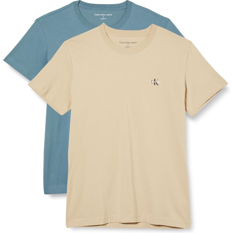 Calvin Klein Jeans Herren T-Shirts Kurzarm 2 Pack Monologo T-Shirt Rundhalsausschnitt, Mehrfarbig (Goblin Blue/Warm Sand), S