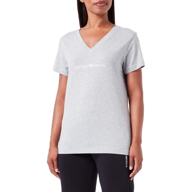 Emporio Armani Damen Emporio Armani Women's V Neck T-shirt Iconic Logoband T Shirt, Light Grey Melange, S EU