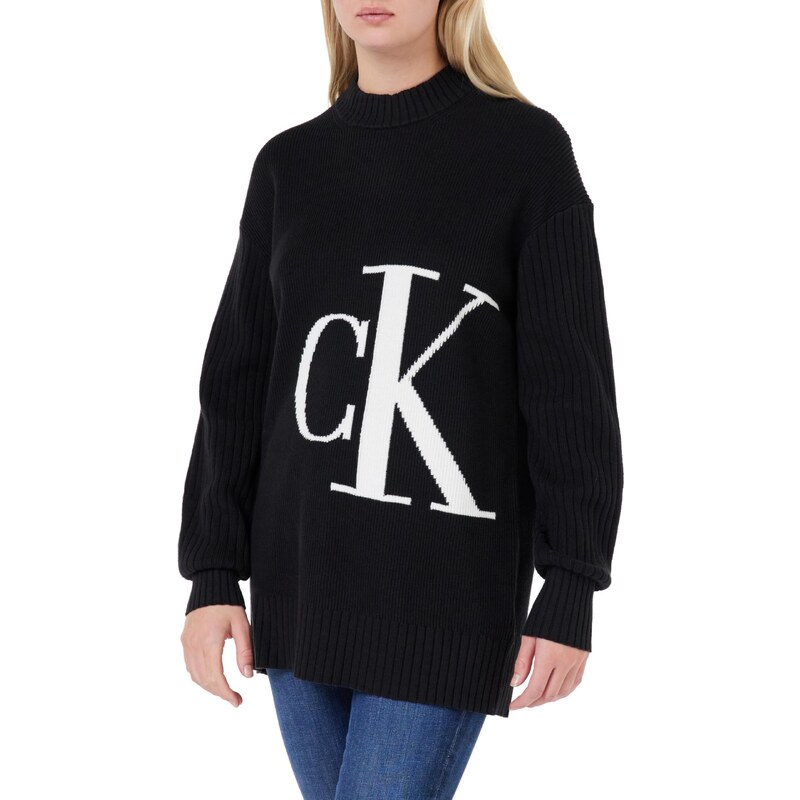 Calvin Klein Jeans Damen Pullover Blown Up Off Placed Ck Sweater Strickpullover, Schwarz (Ck Black), S