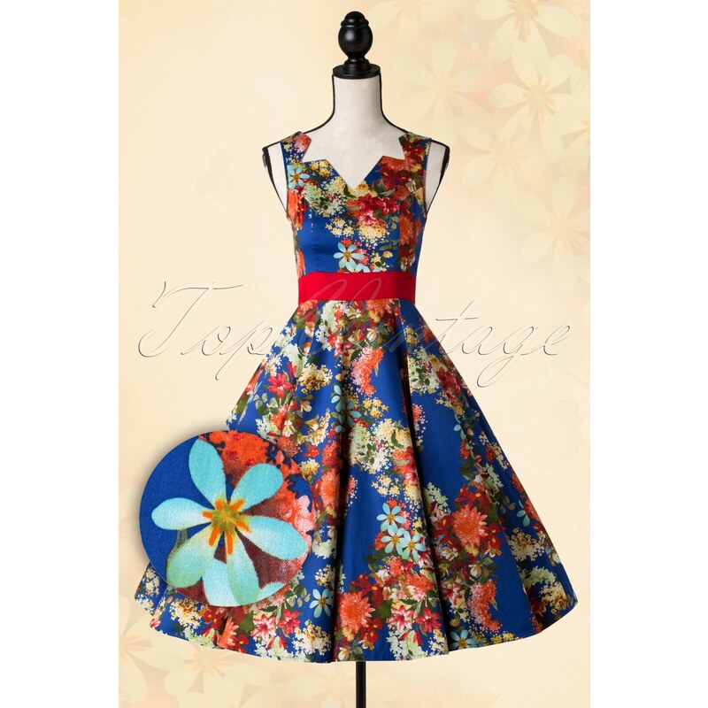 Hearts & Roses 50s Georgina Floral Swing Dress in Royal Blue