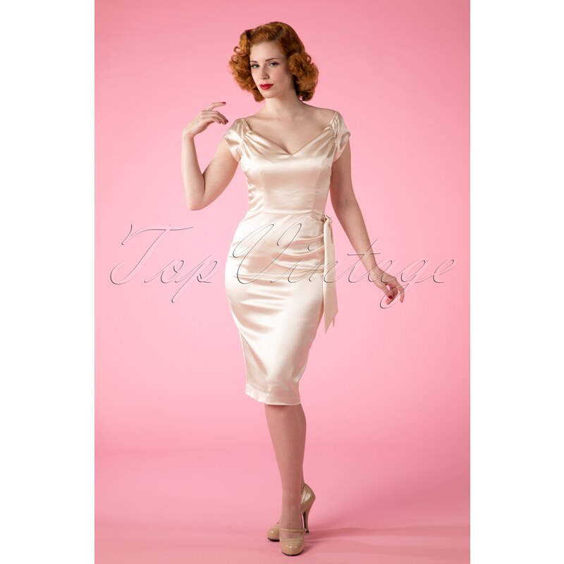 The Pretty Dress Company TopVintage exclusive ~ 50s Mamie Satin Pencil Dress in Cream