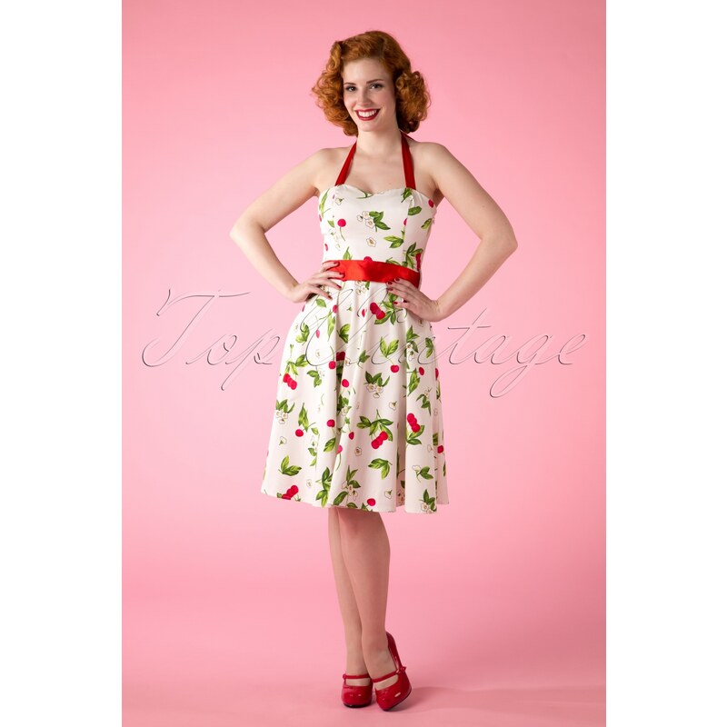 Hearts & Roses 50s Cream Cherry Blossom swing halter dress
