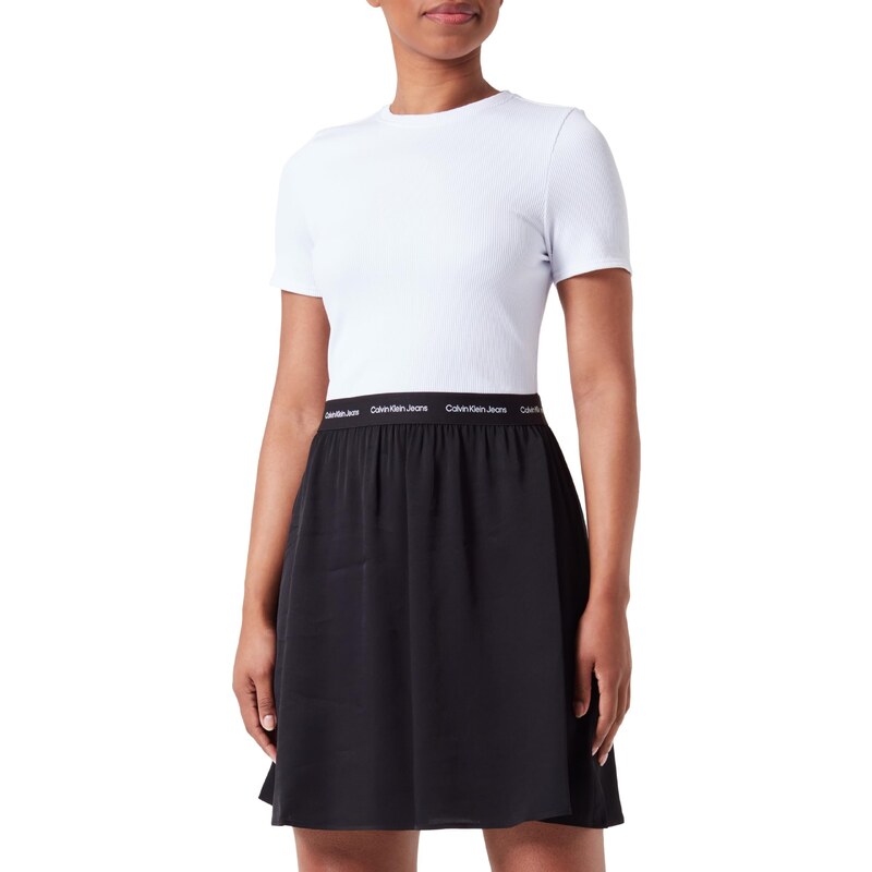 Calvin Klein Jeans Women's LOGO ELASTIC SHORT SLEEVE DRESS Fit & Flare Dresses, Bright White / Ck Black, S